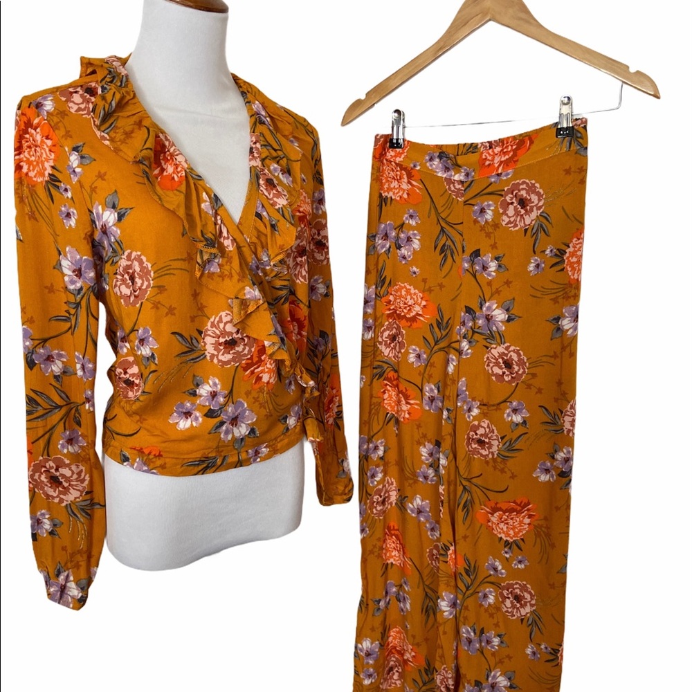 Yellow Floral wide leg pants + top set,S